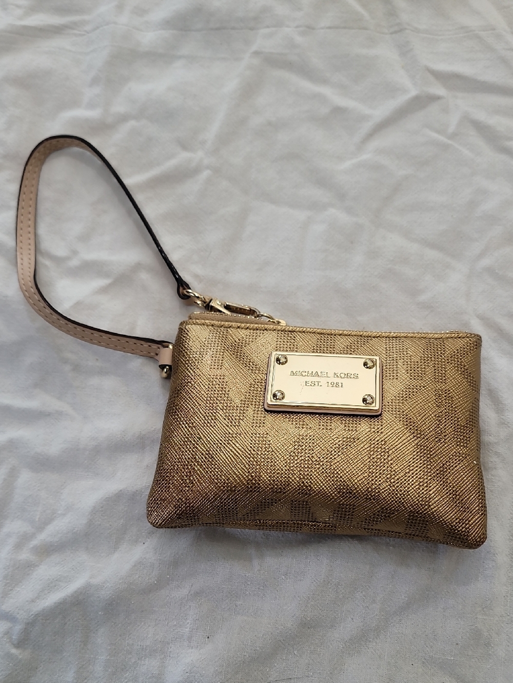 Michael Kors Metallic Gold Wristlet Clutch with Tan Strap